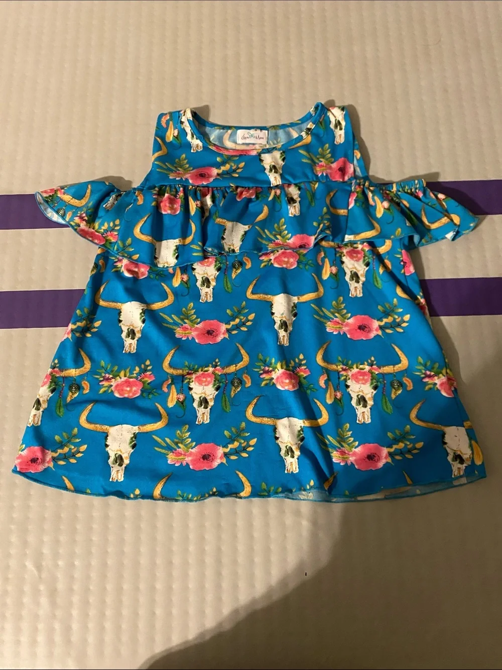 Blue Floral Boutique Cold-Shoulder Top with White Skirt